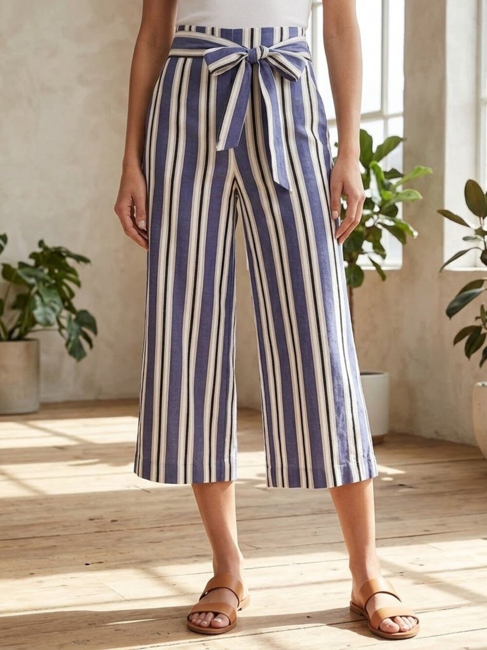 Express Women’s High Rise Striped Wide Leg Cropped Culottes Pants Size 0 Coastal